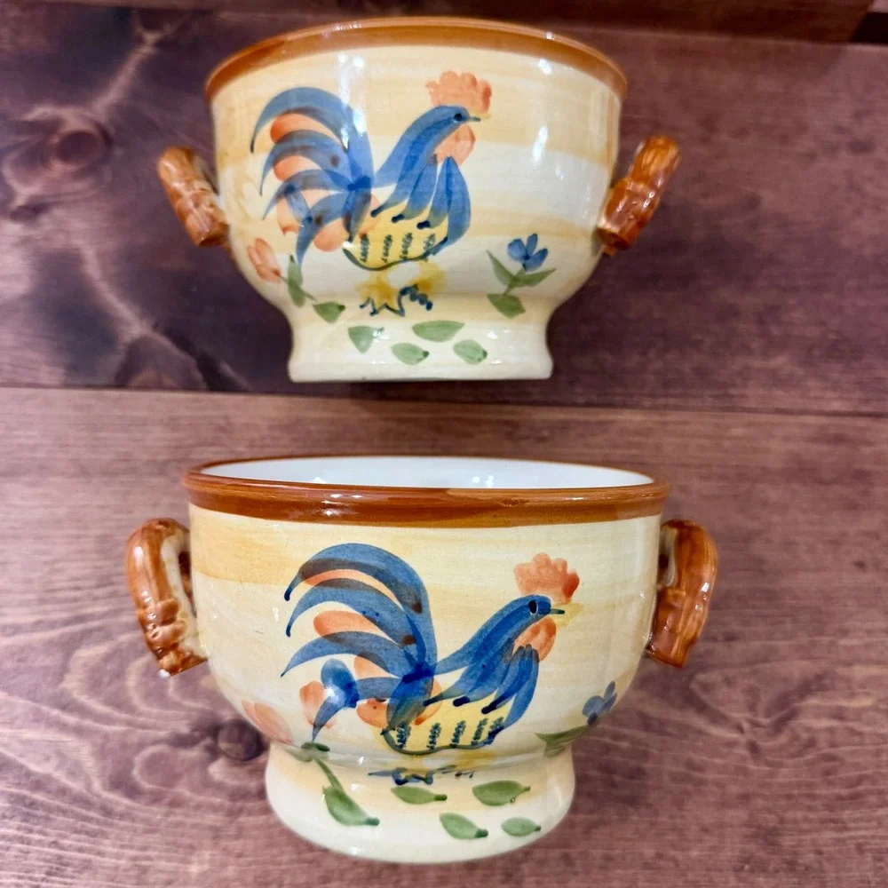 Classic Ceramics Calif. Pantry Dbl Handle Rooster Deco Soup Bowl 2 Hand Painted